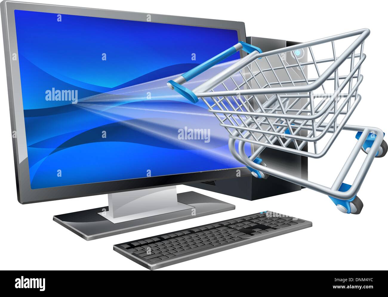 Desktop computer with super market shopping cart trolley flying out of screen, online shopping