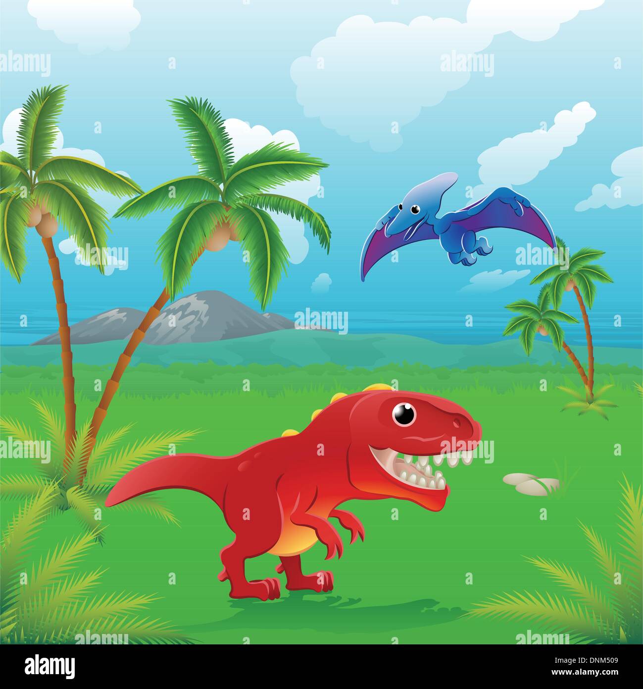 Cute dinosaurs in prehistoric scene. Series of three illustrations that can be used separately or side by side to form panoramic Stock Vector