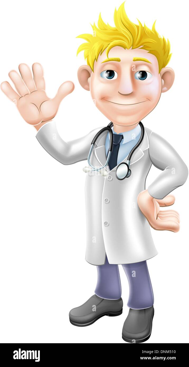 Illustration of a young cartoon doctor standing and waving with stethoscope Stock Vector