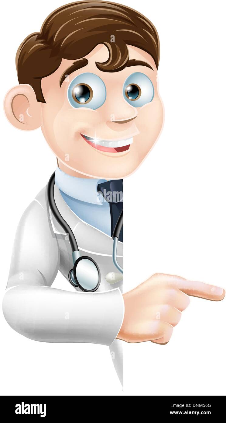 An illustration of a friendly cartoon doctor peeping round pointing at a sign or banner Stock Vector