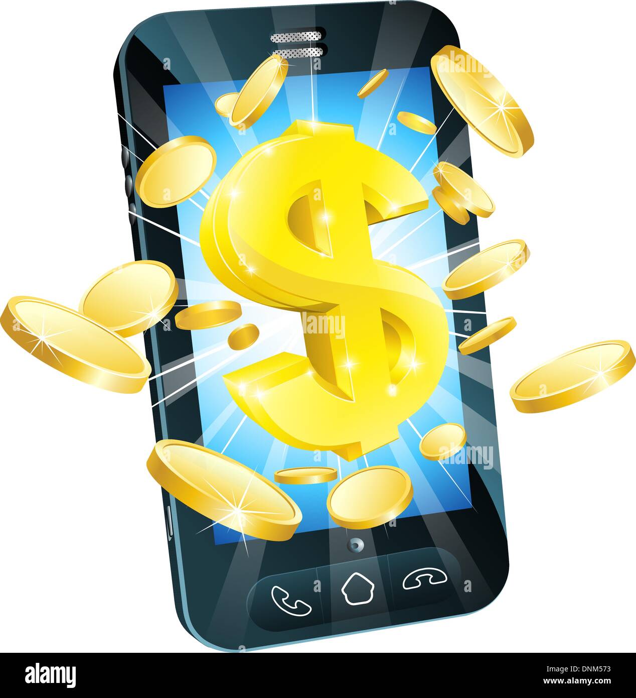 Dollar money phone concept illustration of mobile cell phone with gold dollar and coins Stock Vector