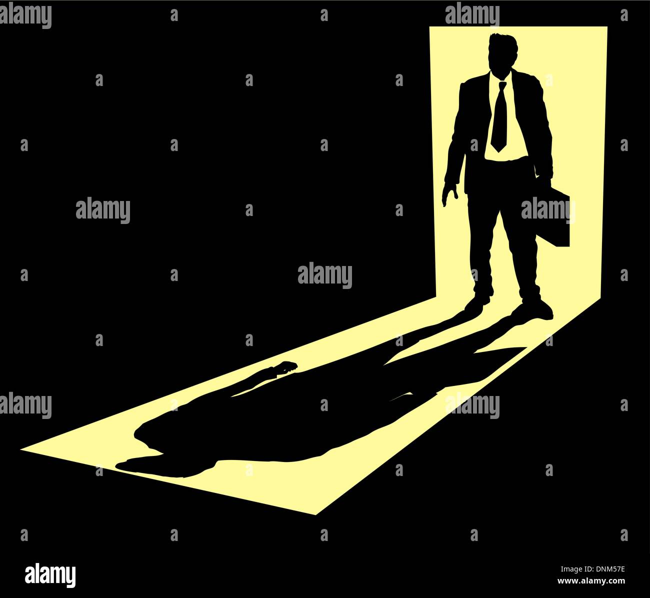 Illustration of businessman with briefcase standing in doorway Stock Vector
