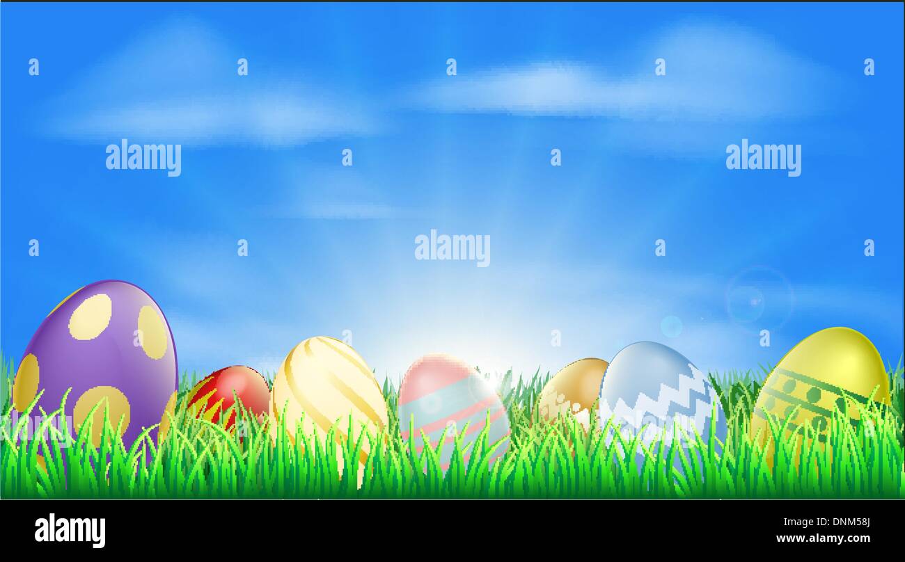 Bright Easter eggs background with pretty decorated Easter eggs in the grass Stock Vector
