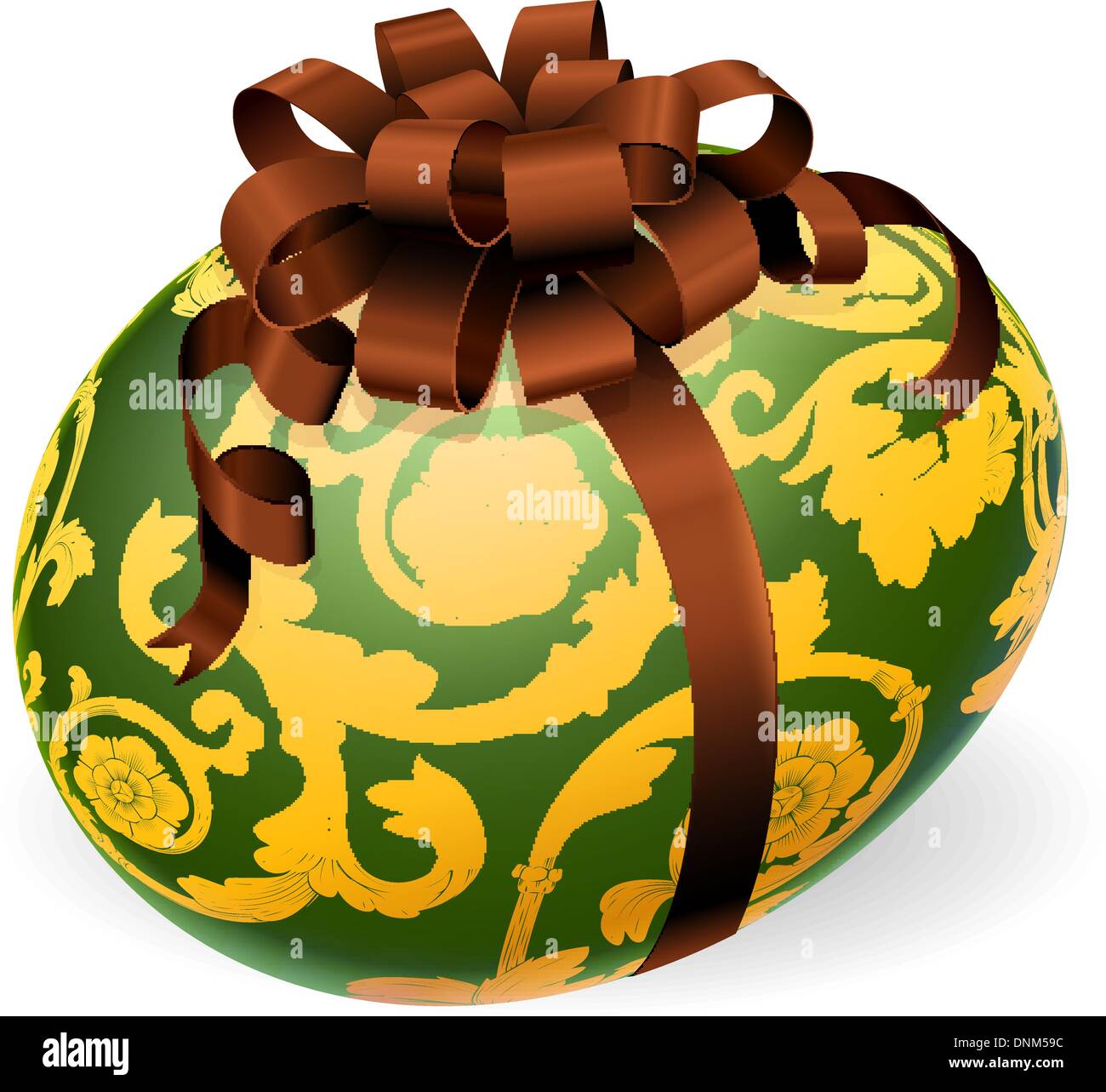 A luxury green Easter egg with ornate gold pattern and brown bow Stock Vector