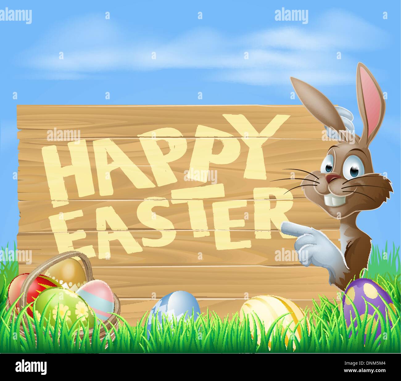 A cartoon Easter bunny pointing at a wooden Easter sign saying Happy ...