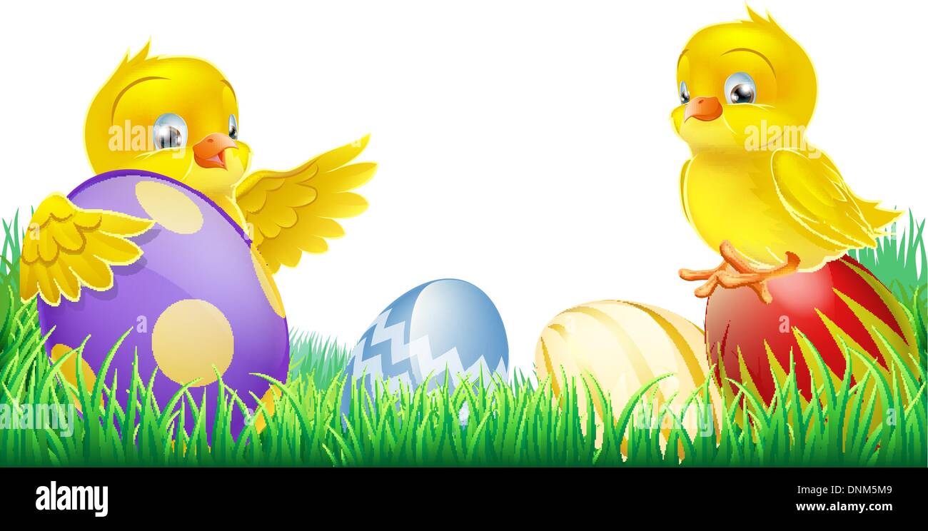 Two cute happy little yellow Easter chicks with colorful decorated Easter eggs Stock Vector