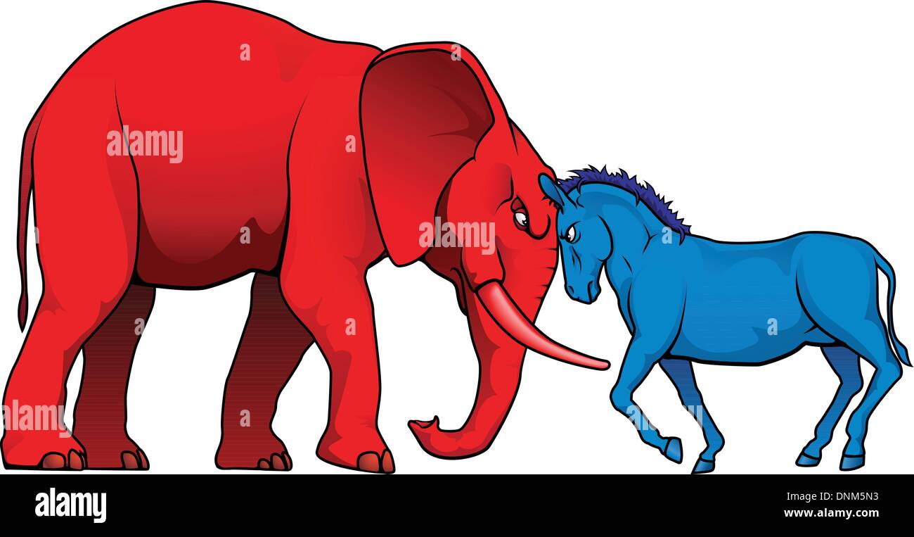 The democrat and republican symbols of a donkey and elephant facing off ...
