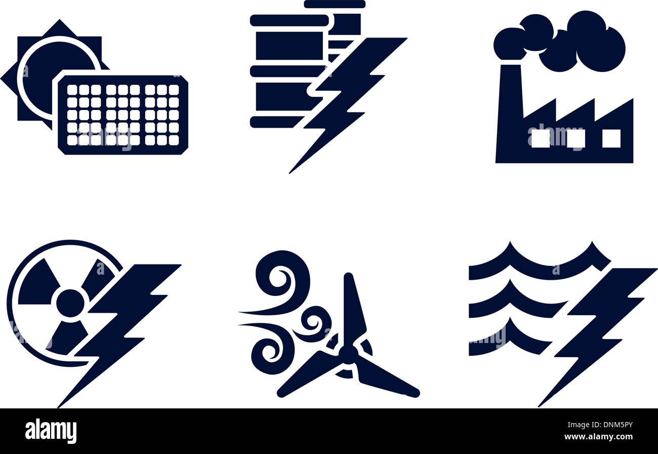 An icon set with six icons representing power and energy generation types. Solar, fossil fuel, nuclear, wind, hydro or water plu Stock Vector