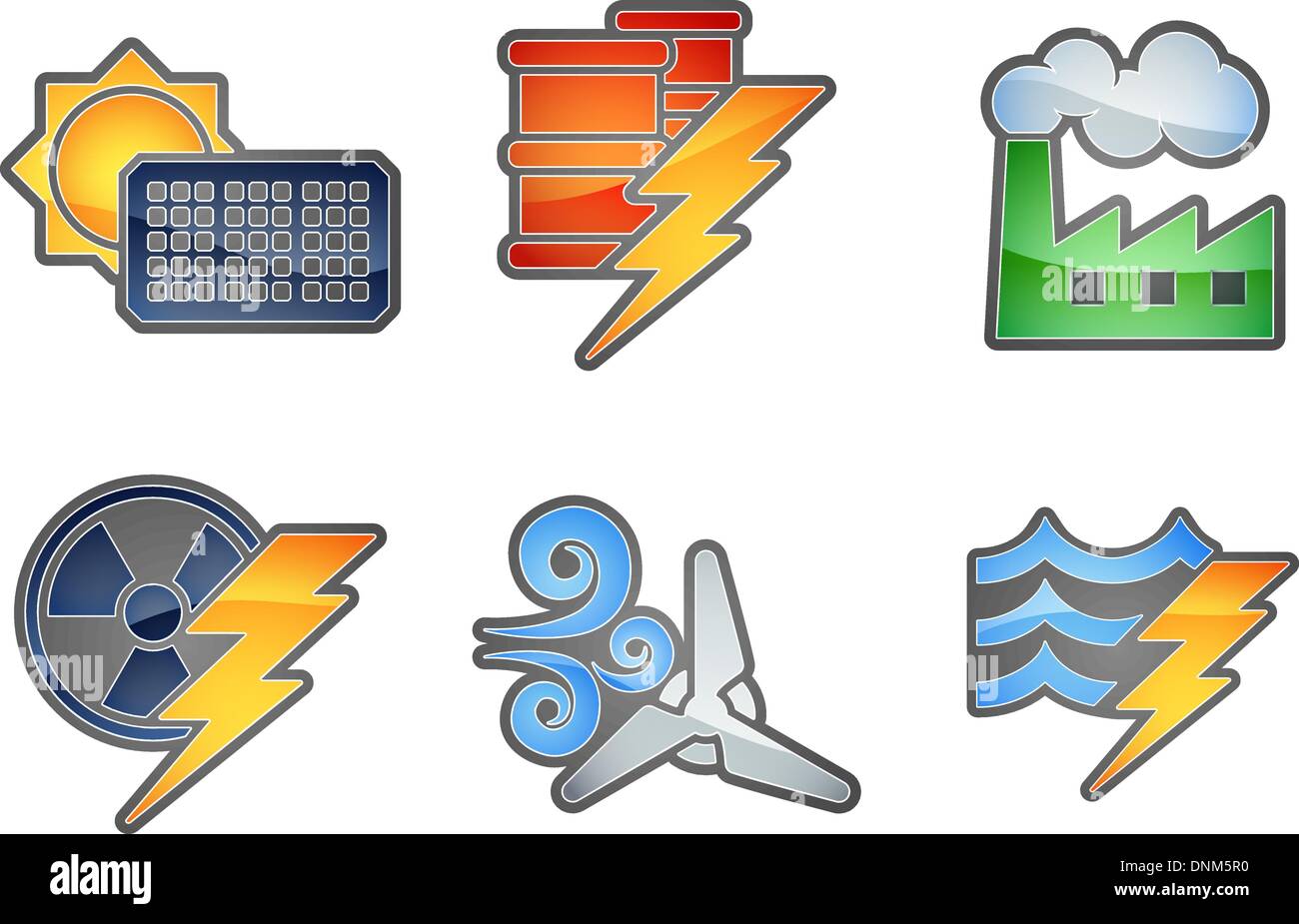A set of color icons with relating to power and energy generation. Solar, fossil fuel, nuclear, wind, hydro or water and oil Stock Vector