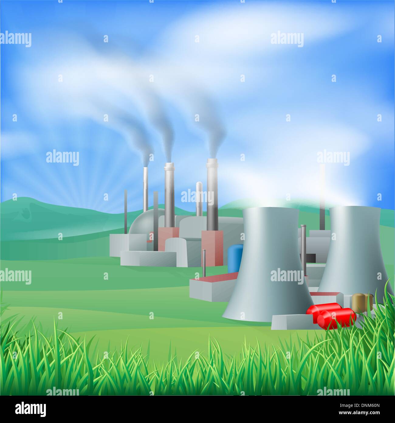 Illustration of a power plant generating power and electricity. Could be fossil fuel or other plant with chimneys and cooling to Stock Vector