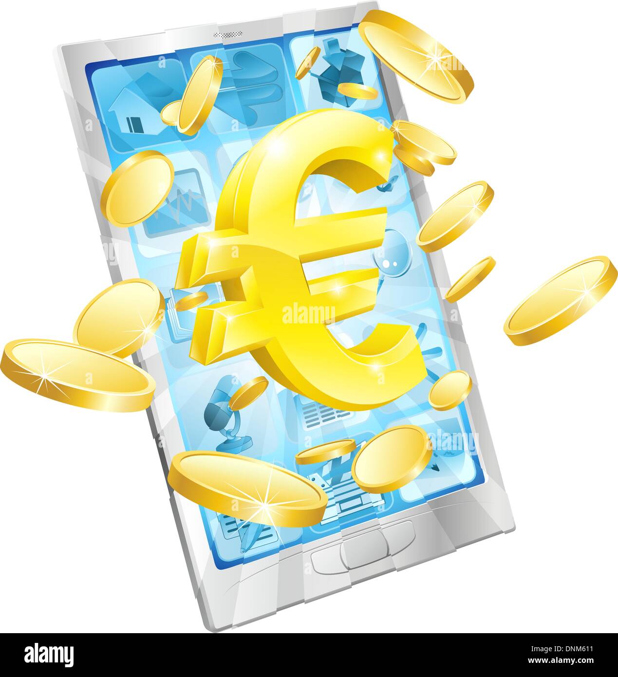 Euro money phone concept illustration of mobile cell phone with gold Euro sign and coins Stock Vector