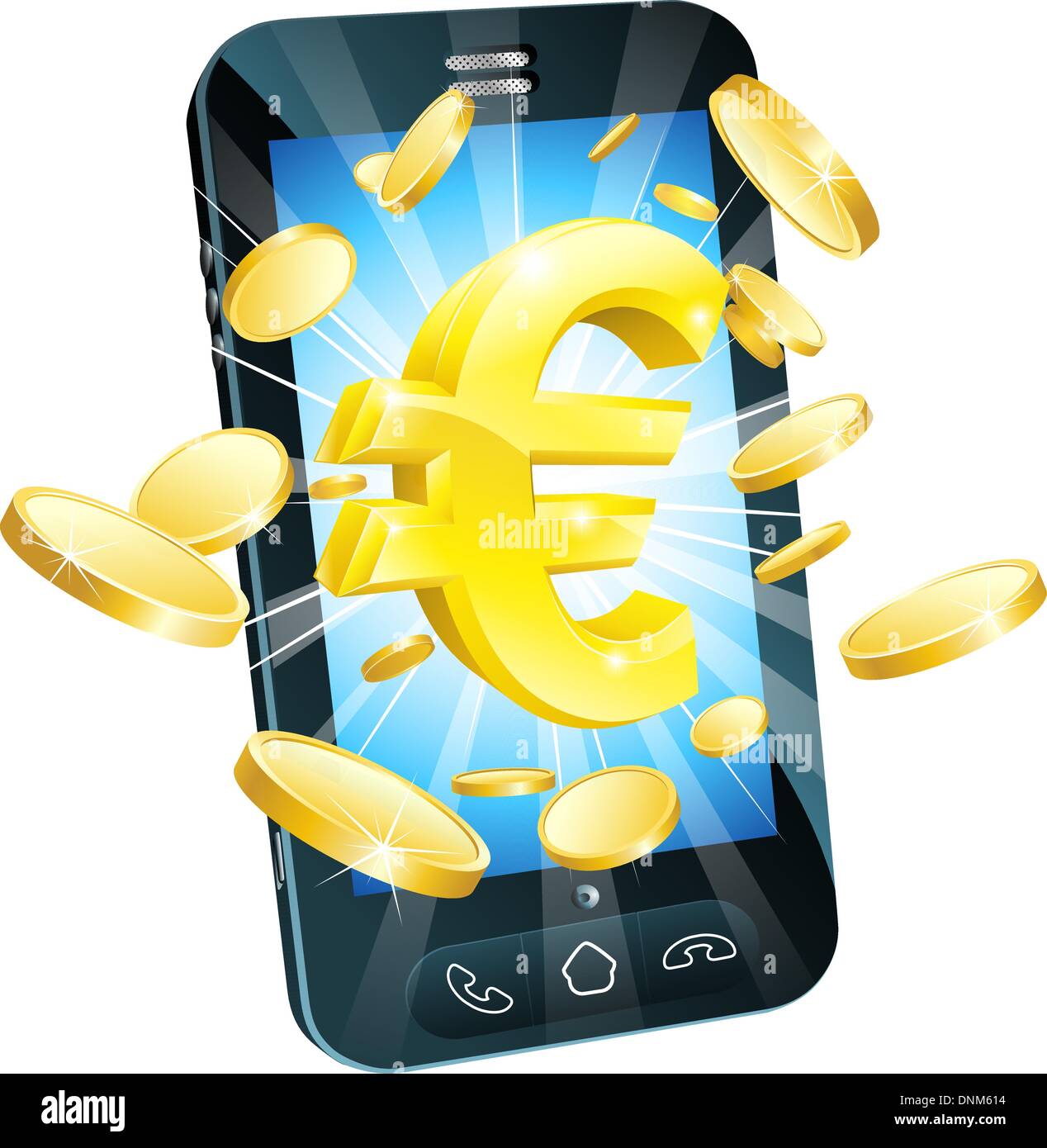 Euro money phone concept illustration of mobile cell phone with gold Euro sign and coins Stock Vector