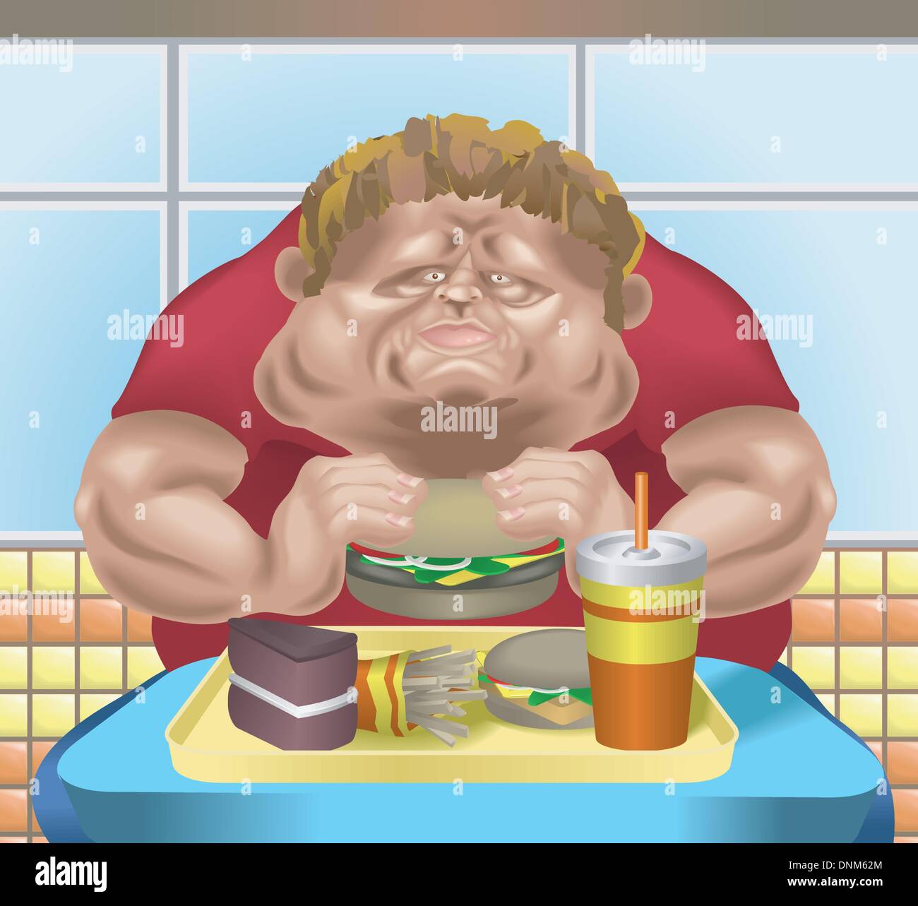 An obese man in fast food restaurant consuming junk food. No meshes used. Stock Vector