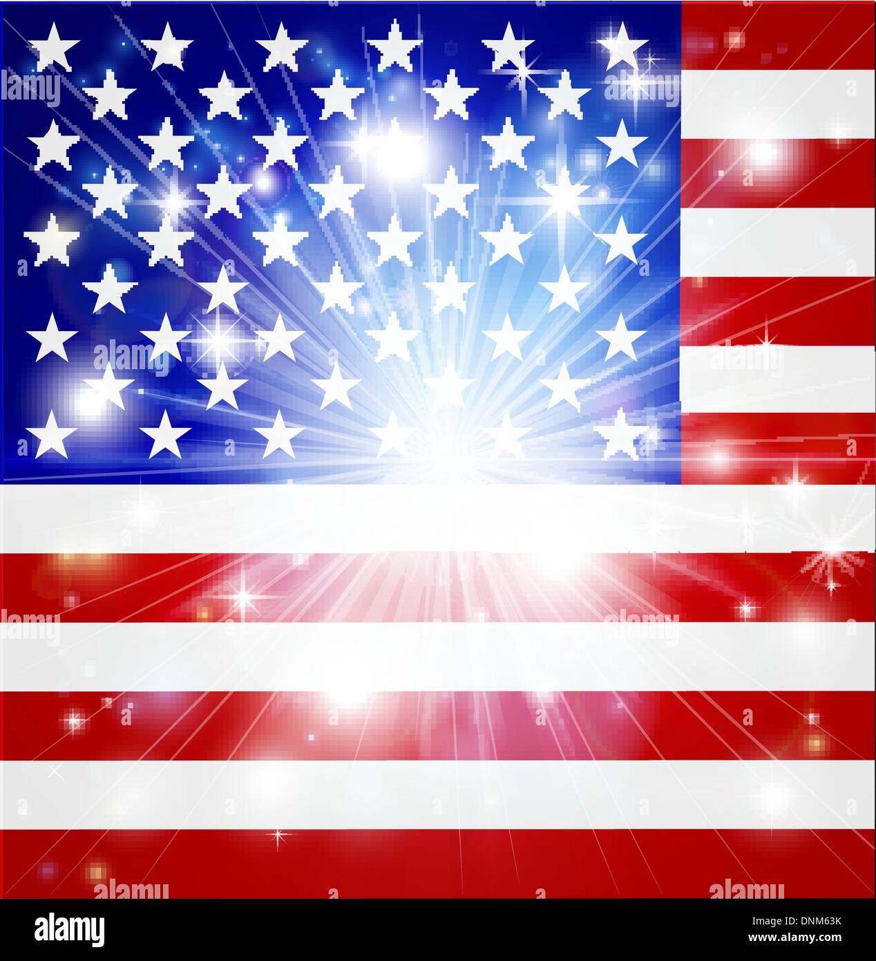Flag of America background with pyrotechnic or light burst and copy space in the centre Stock Vector