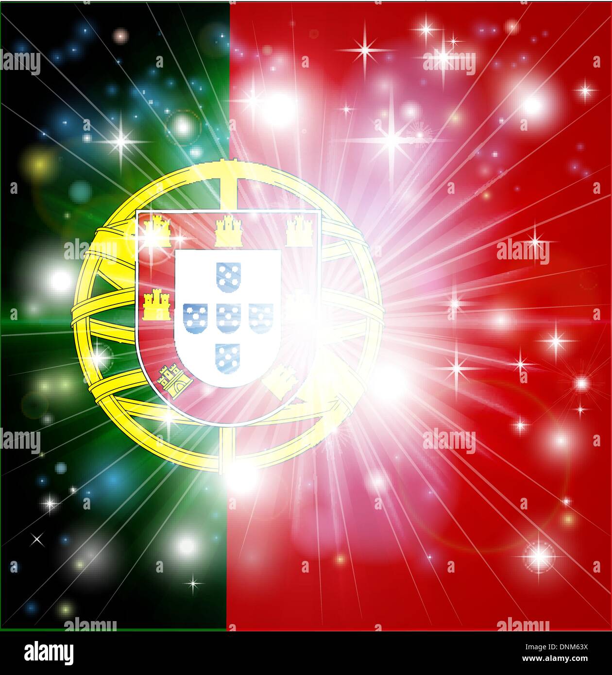 Flag of Portugal background with pyrotechnic or light burst and copy space in the centre Stock Vector