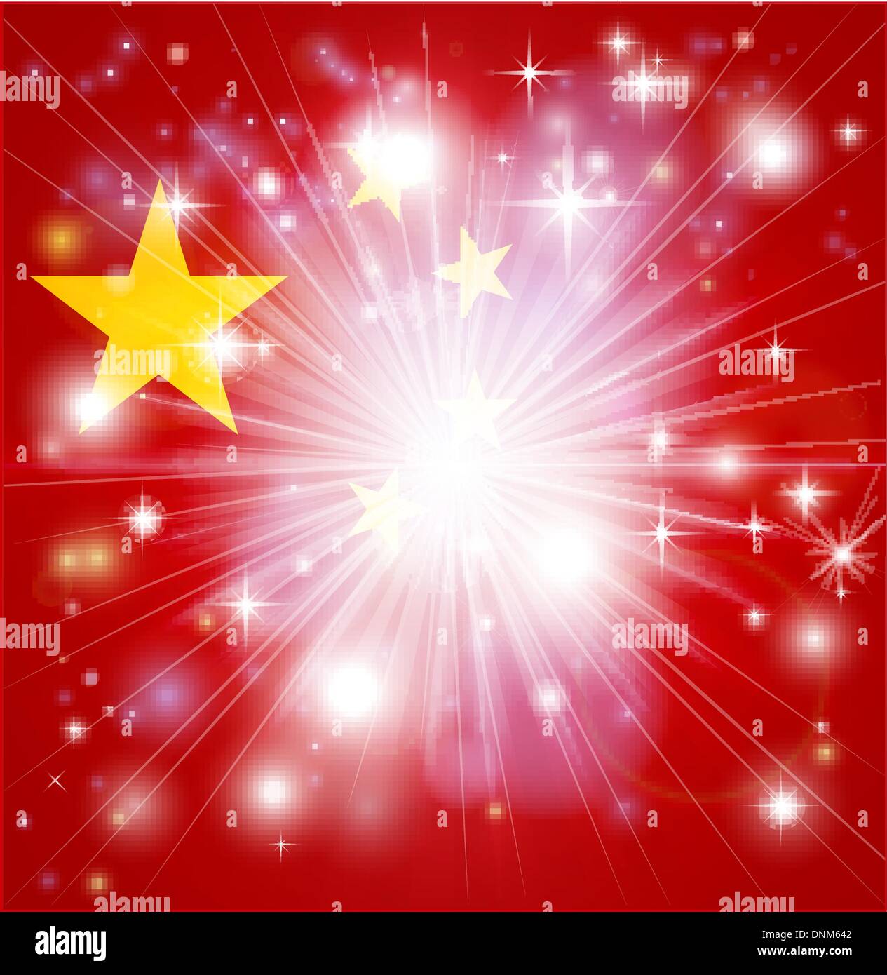 Flag of China background with pyrotechnic or light burst and copy space in the centre Stock Vector