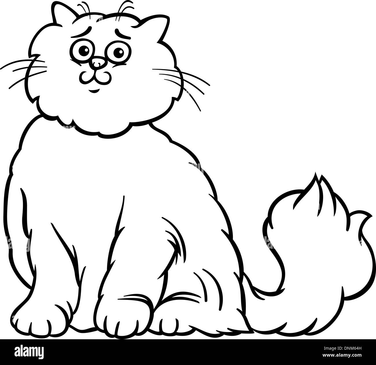 Black and White Cartoon Illustration of Cute Long Hair Persian Cat for