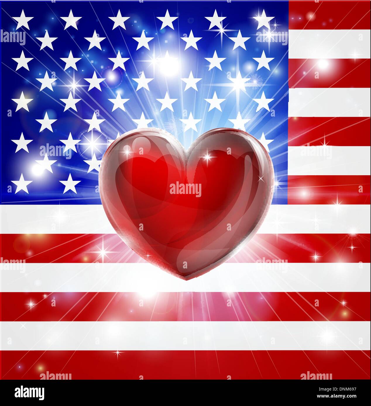 Flag of America patriotic background with pyrotechnic or light burst and love heart in the centre Stock Vector