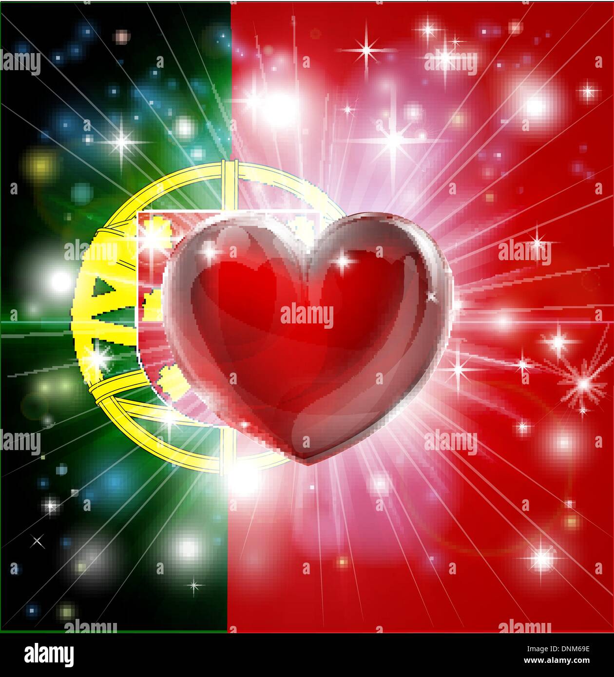 Flag of Portugal patriotic background with pyrotechnic or light burst and love heart in the centre Stock Vector