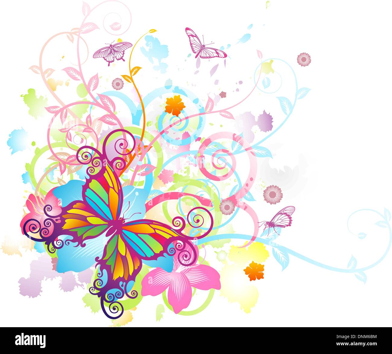 Abstract colourful butterfly background with stylised floral elements, patterns and splashes Stock Vector