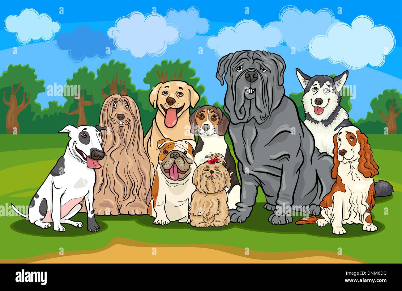 Cartoon Illustration of Funny Purebred Dogs or Puppies Group against Rural Landscape with Blue Sky Stock Vector