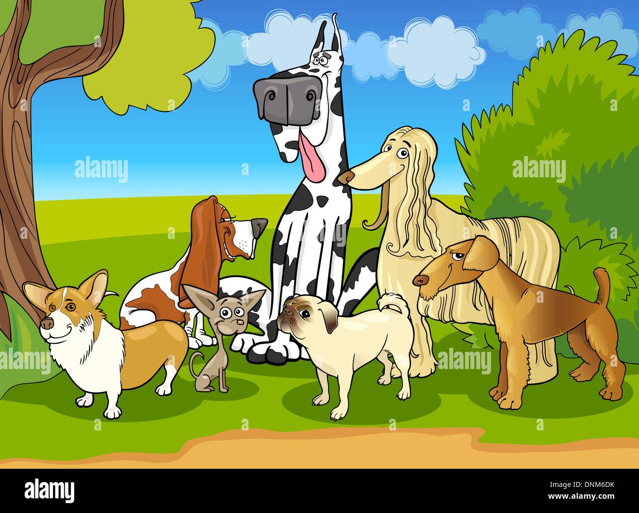 Cartoon Illustration of Cute Purebred Dogs or Puppies Group against Rural Scene with Blue Sky Stock Vector
