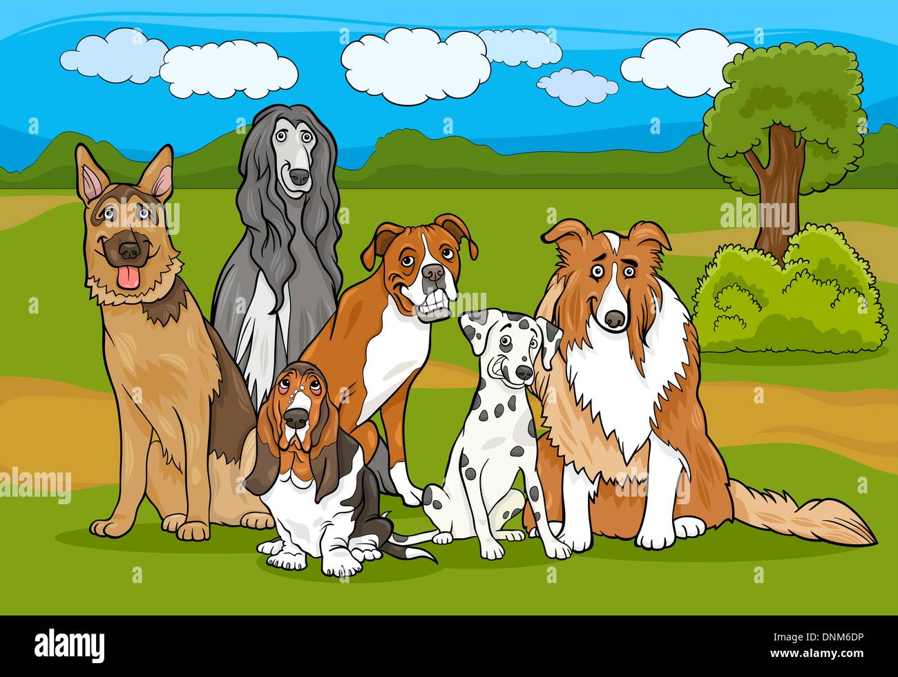Cartoon Illustration of Cute Purebred Dogs or Puppies Group against Rural Landscape or Park Scene Stock Vector