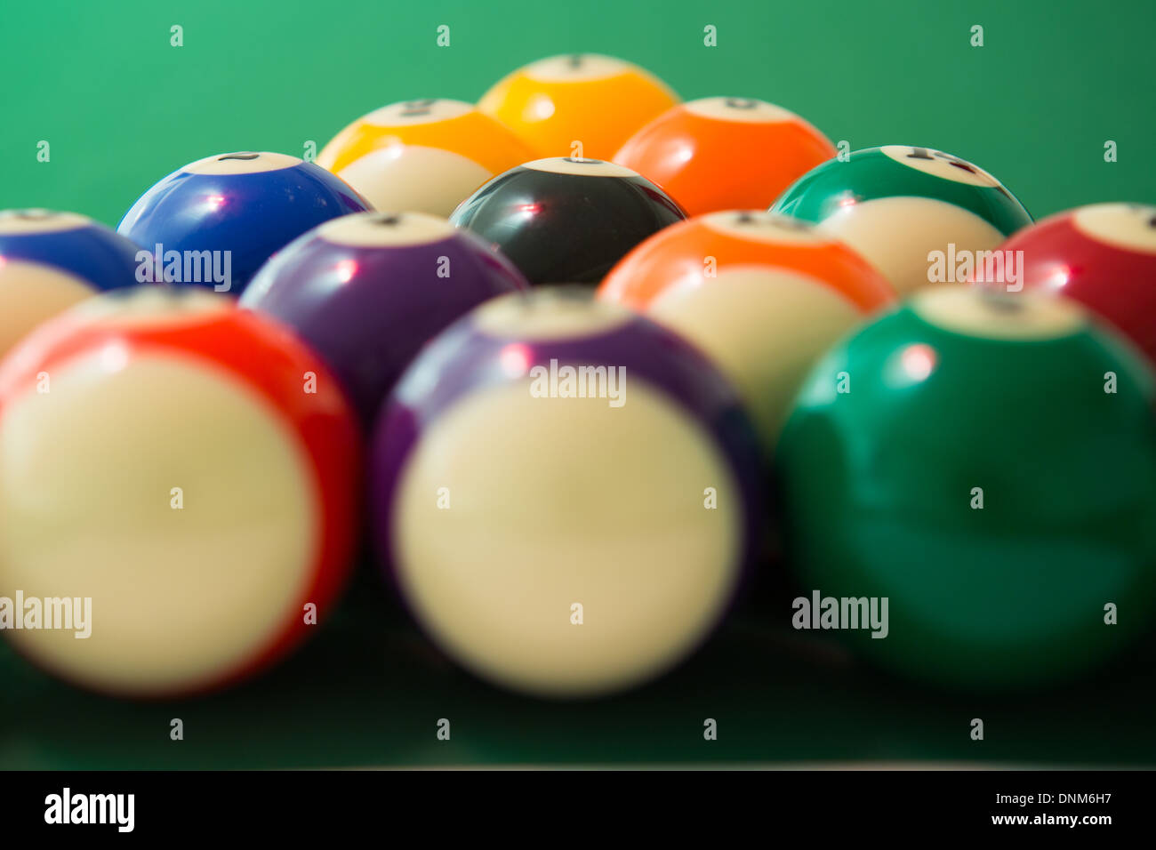 Pool balls arranged for break at start of game Stock Photo