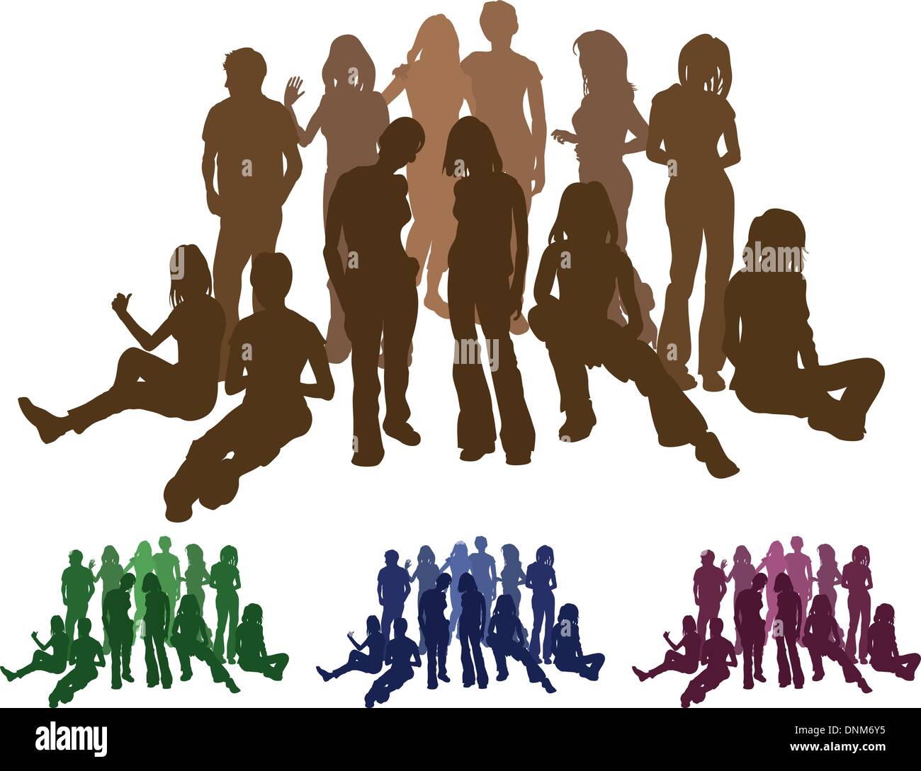 A group of friends each is a complete silhouette on separate layer in the vector files (with the exception of those hugging who  Stock Vector