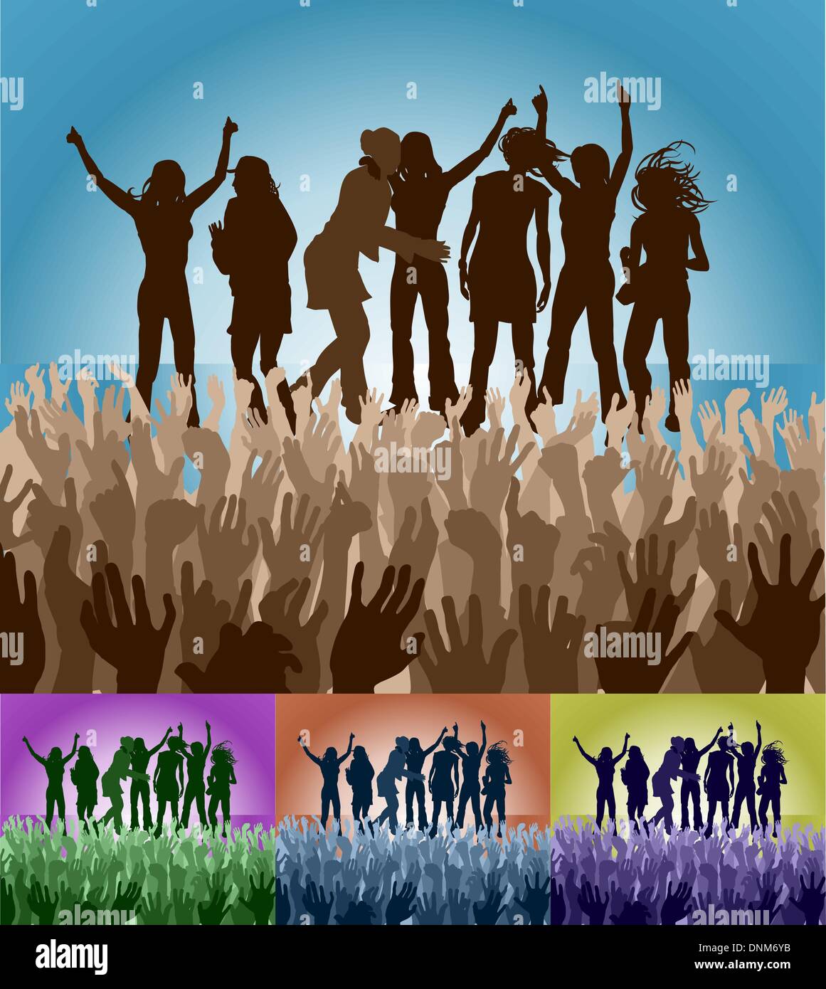 A group of female friends celebrating on stage in front of an adoring crowd. Vector file includes several different colour versi Stock Vector