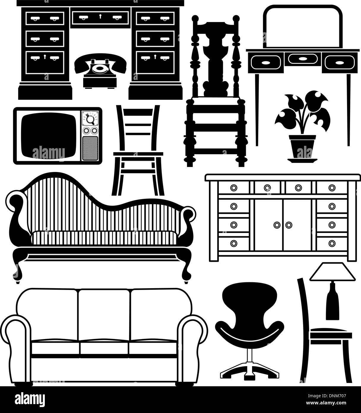 An illustration of a set of black and white furniture graphics Stock Vector