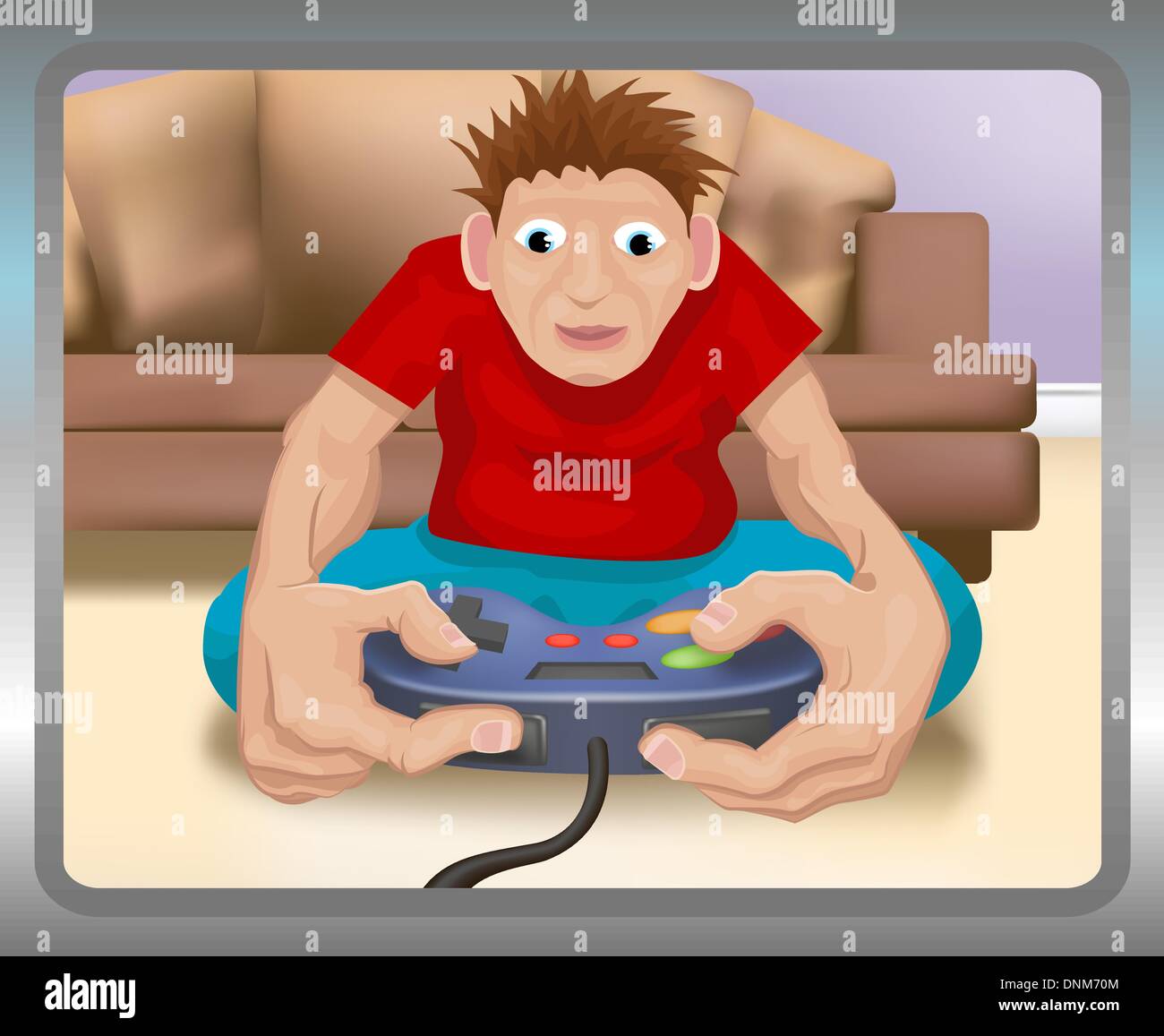 A boy playing on a games console. Stock Vector