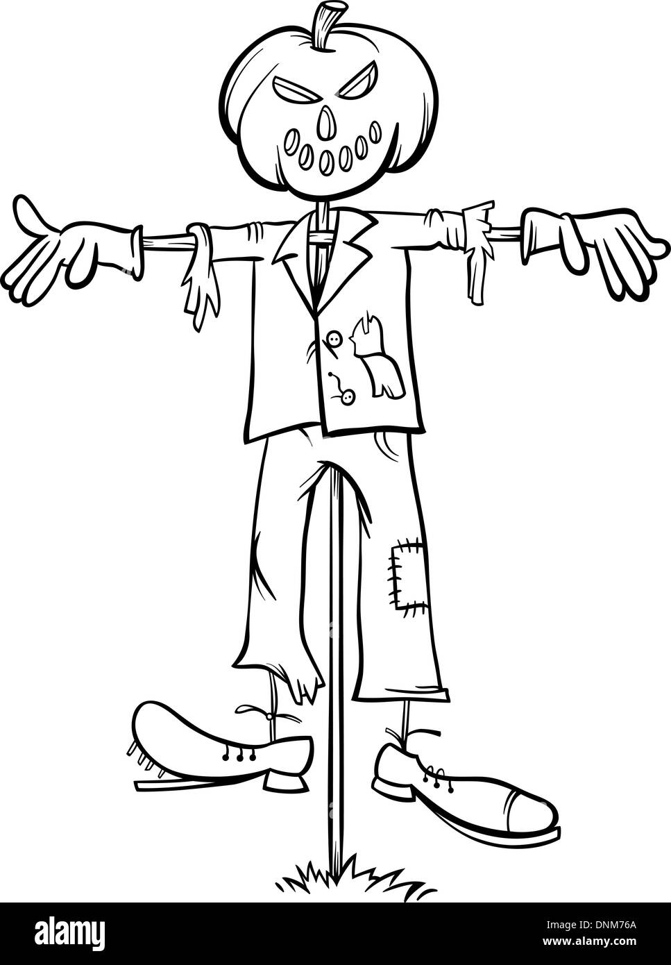 Black and White Cartoon Illustration of Scary Halloween Scarecrow