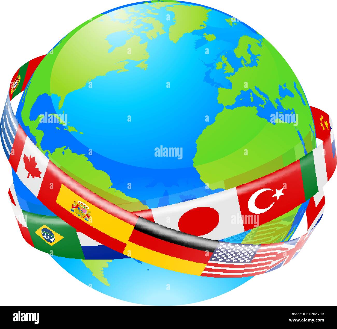 A conceptual illustration of a globe with the flags of lots of countries flying around it. Stock Vector