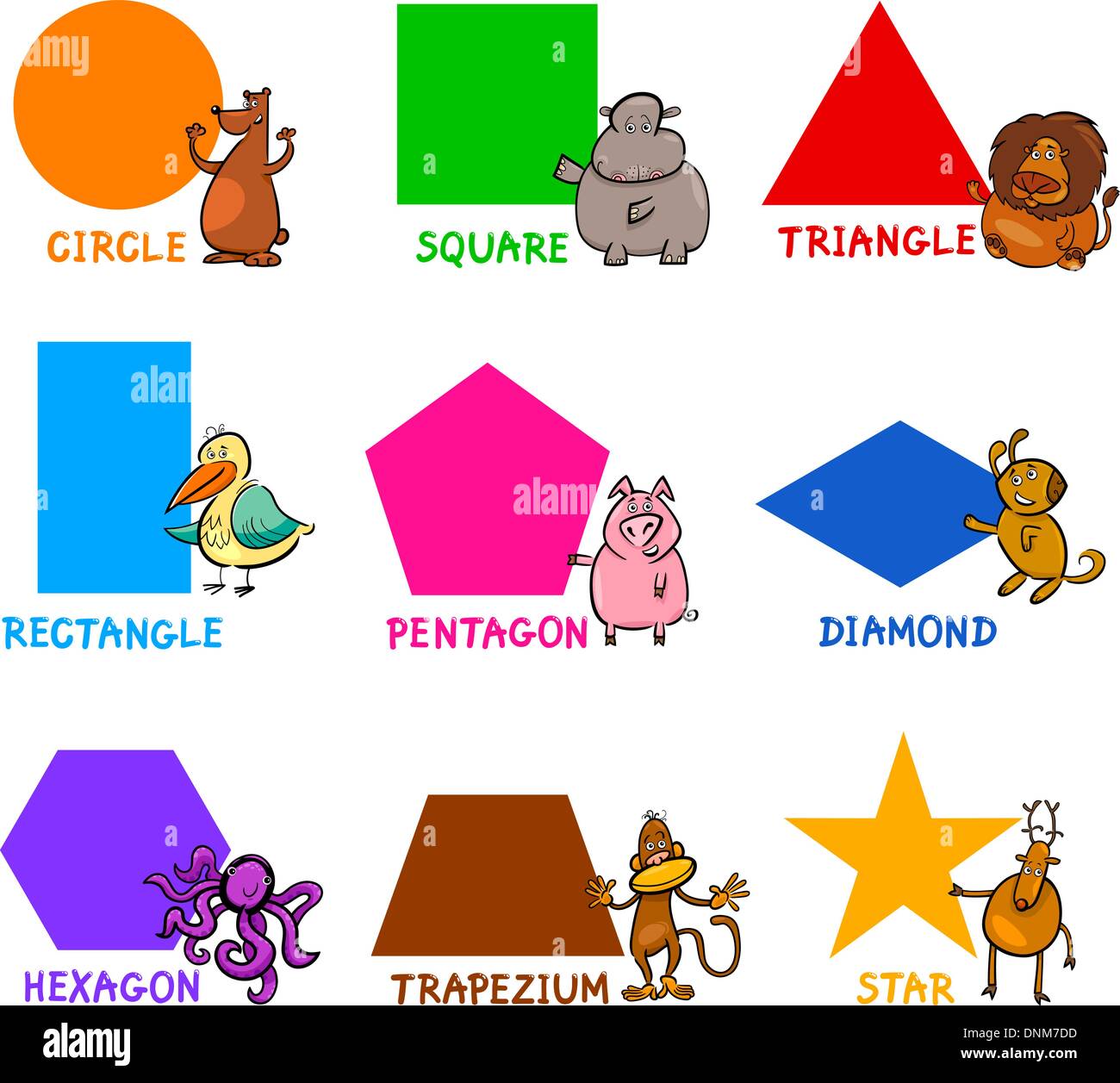 Cartoon Illustration of Basic Geometric Shapes with Captions and