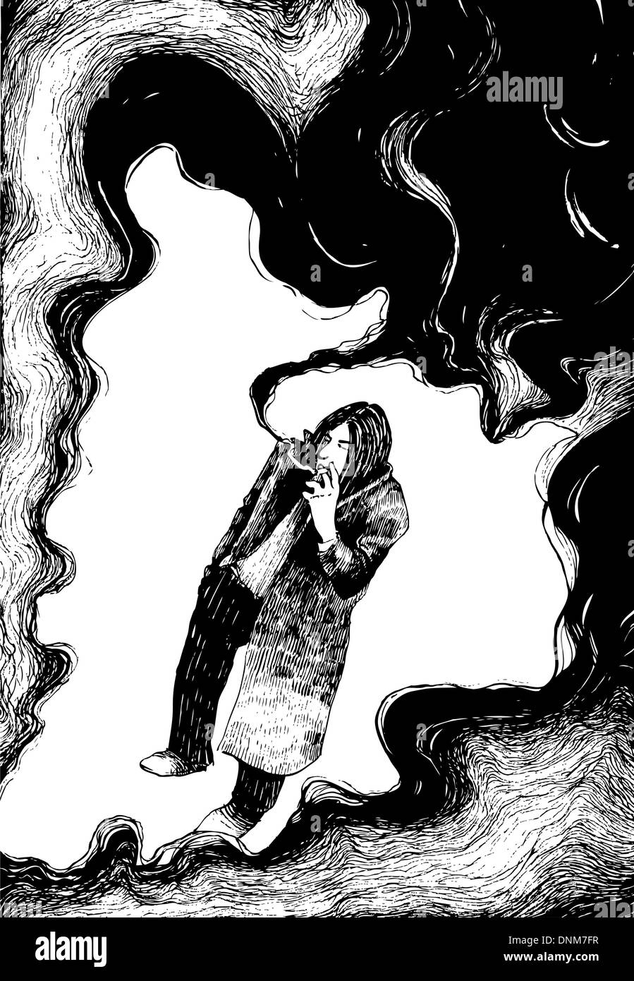 drawing illustration of man smoking a cigarette in the clouds of smoke