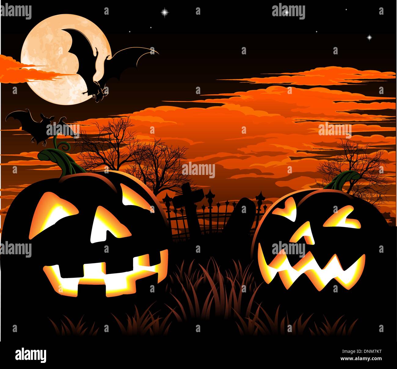 A graveyard, bats and pumpkin Halloween background Stock Vector