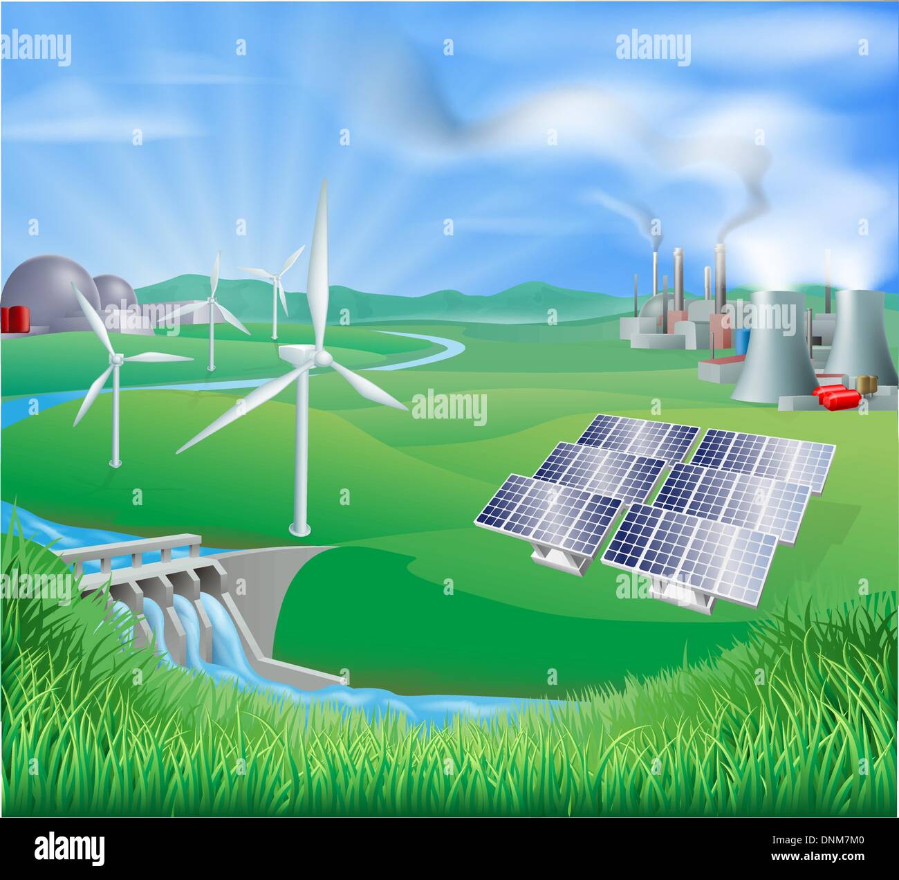 Illustration of many different types of power generation, including