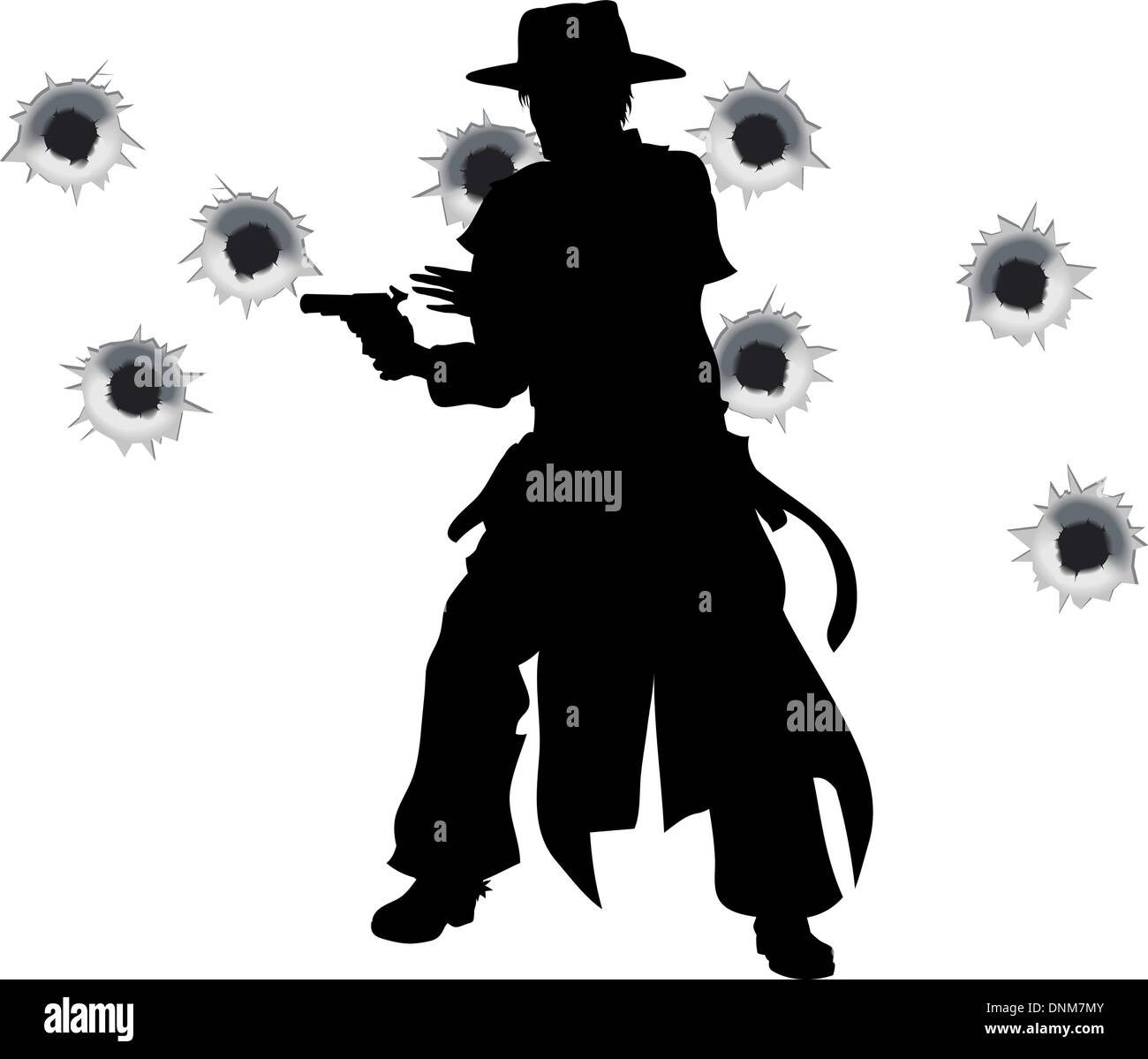 A wild west gunslinger drawing and firing his gun in a shootout with bullet holes in the background Stock Vector