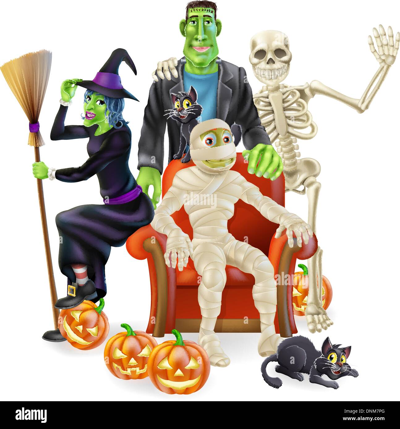 A friendly happy looking cartoon group of classic Halloween monsters. A  witch with her broom, skeleton waving, Frankenstein's mo Stock Vector Image  & Art - Alamy