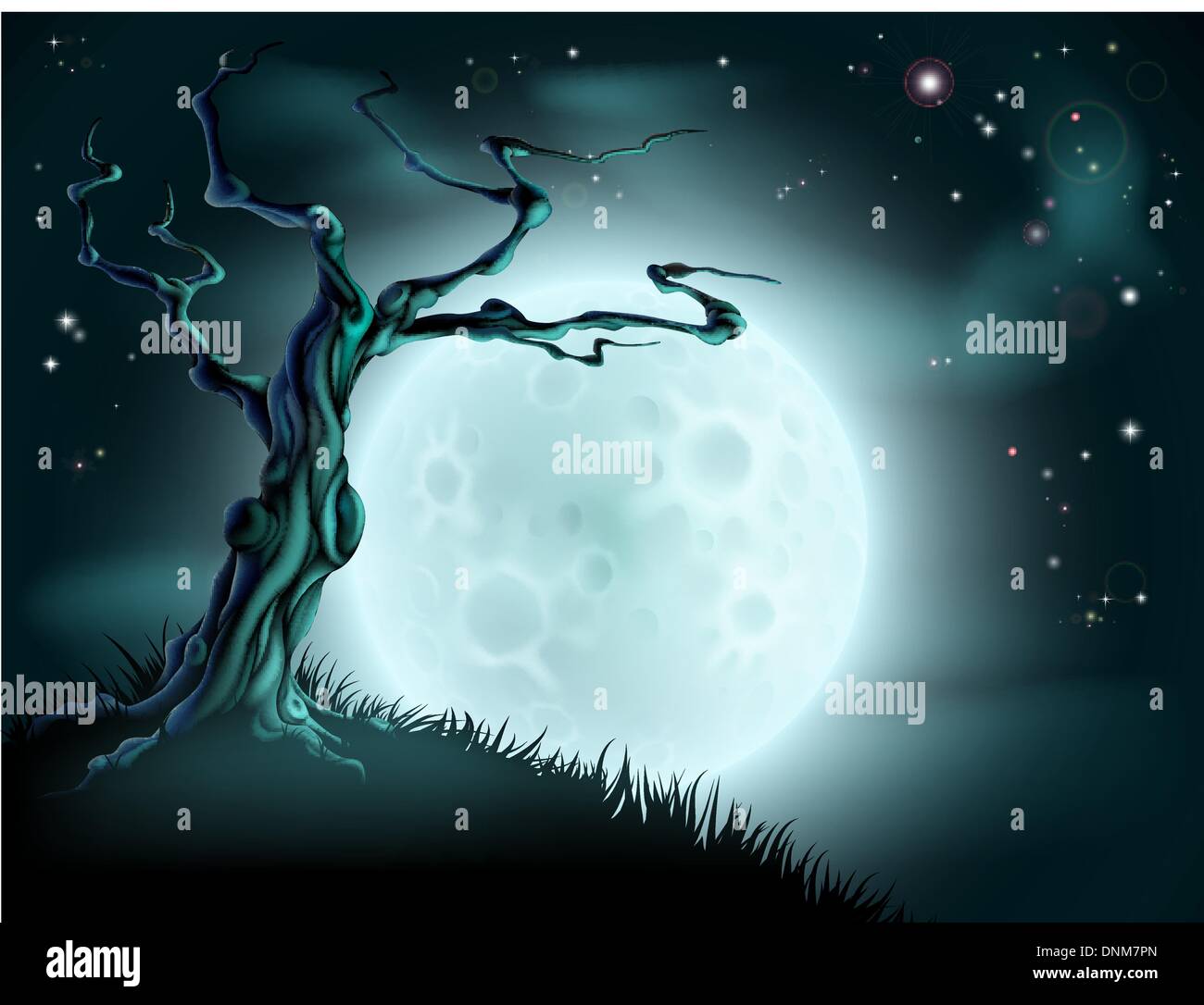 A spooky scary blue Halloween background scene with full moon, clouds, hill and scary tree Stock Vector