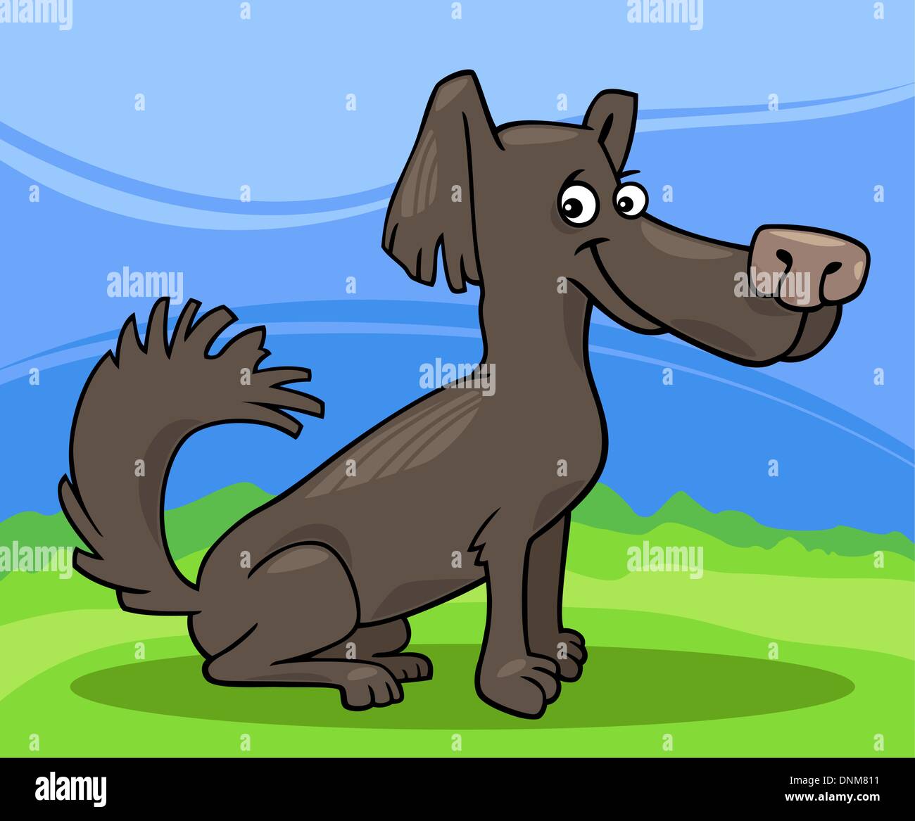 Cartoon Illustration of Funny Little Shaggy Dog against Blue Sky and Green Grass Stock Vector