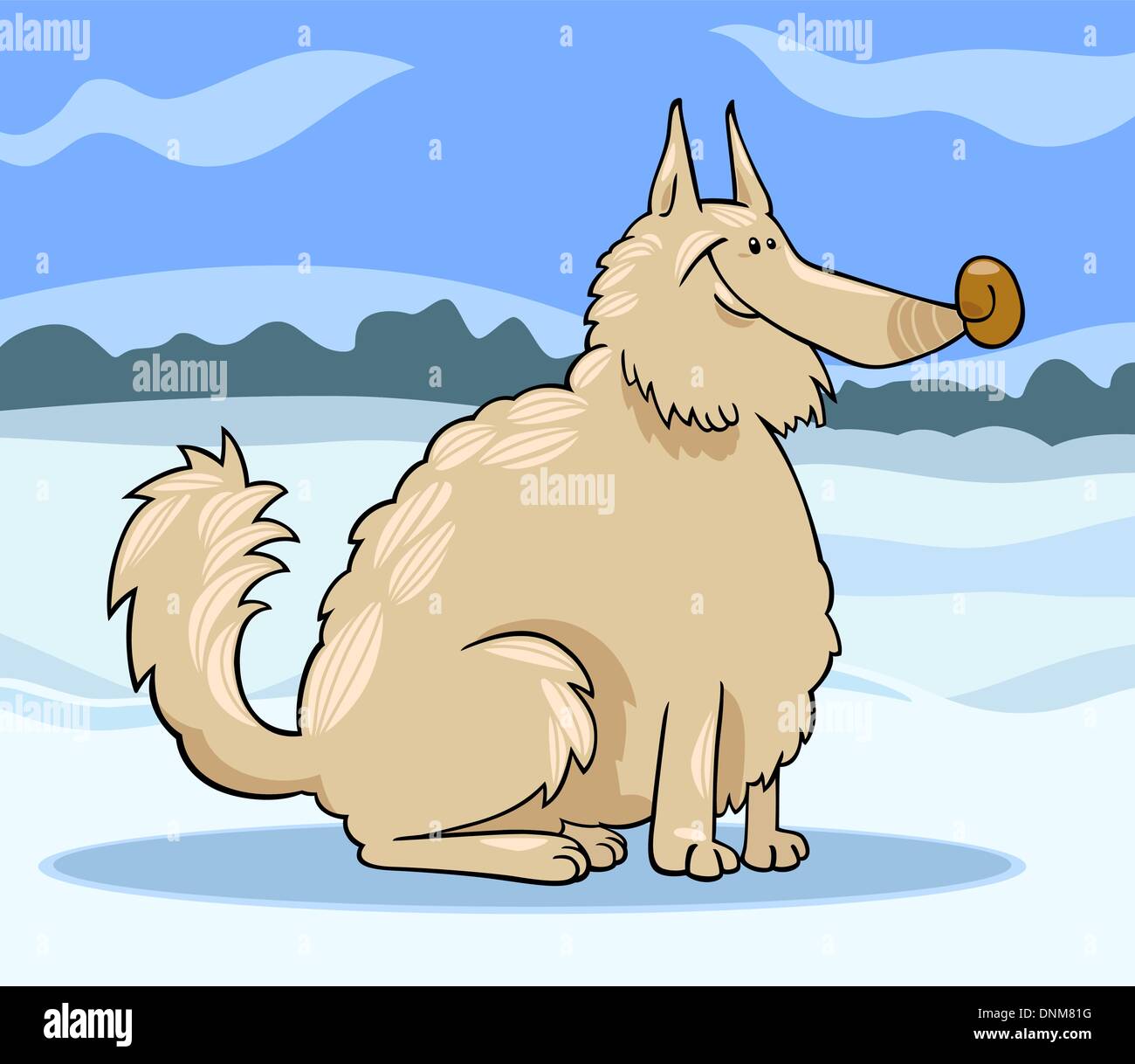 Cartoon Illustration of Shaggy Purebred Eskimo Dog or Spitz or Sheepdog against Winter Rural Scene with Snow Stock Vector