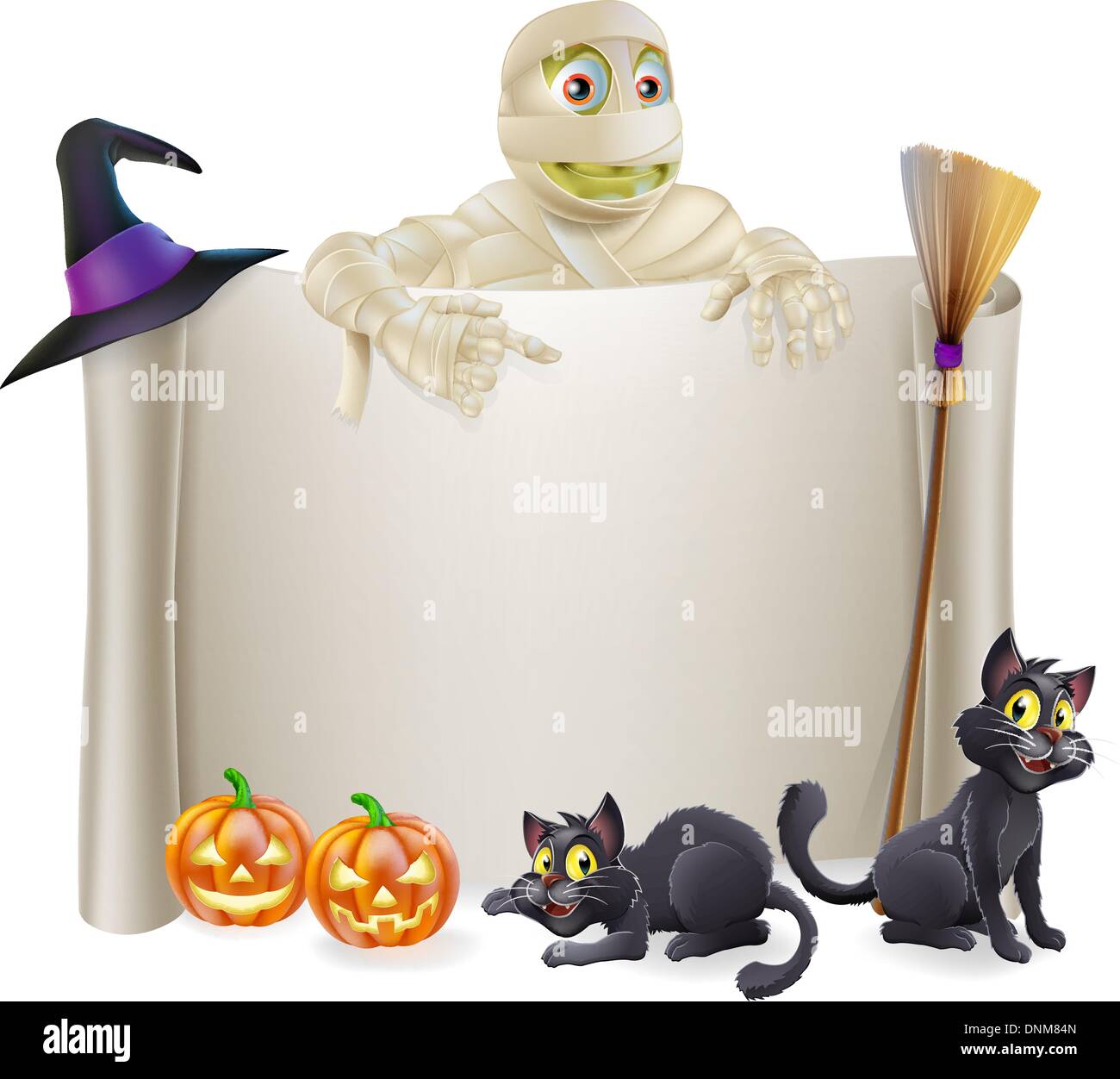 A Halloween scroll sign with a mummy character above the banner and pumpkins, witch's cats, hat and broomstick Stock Vector