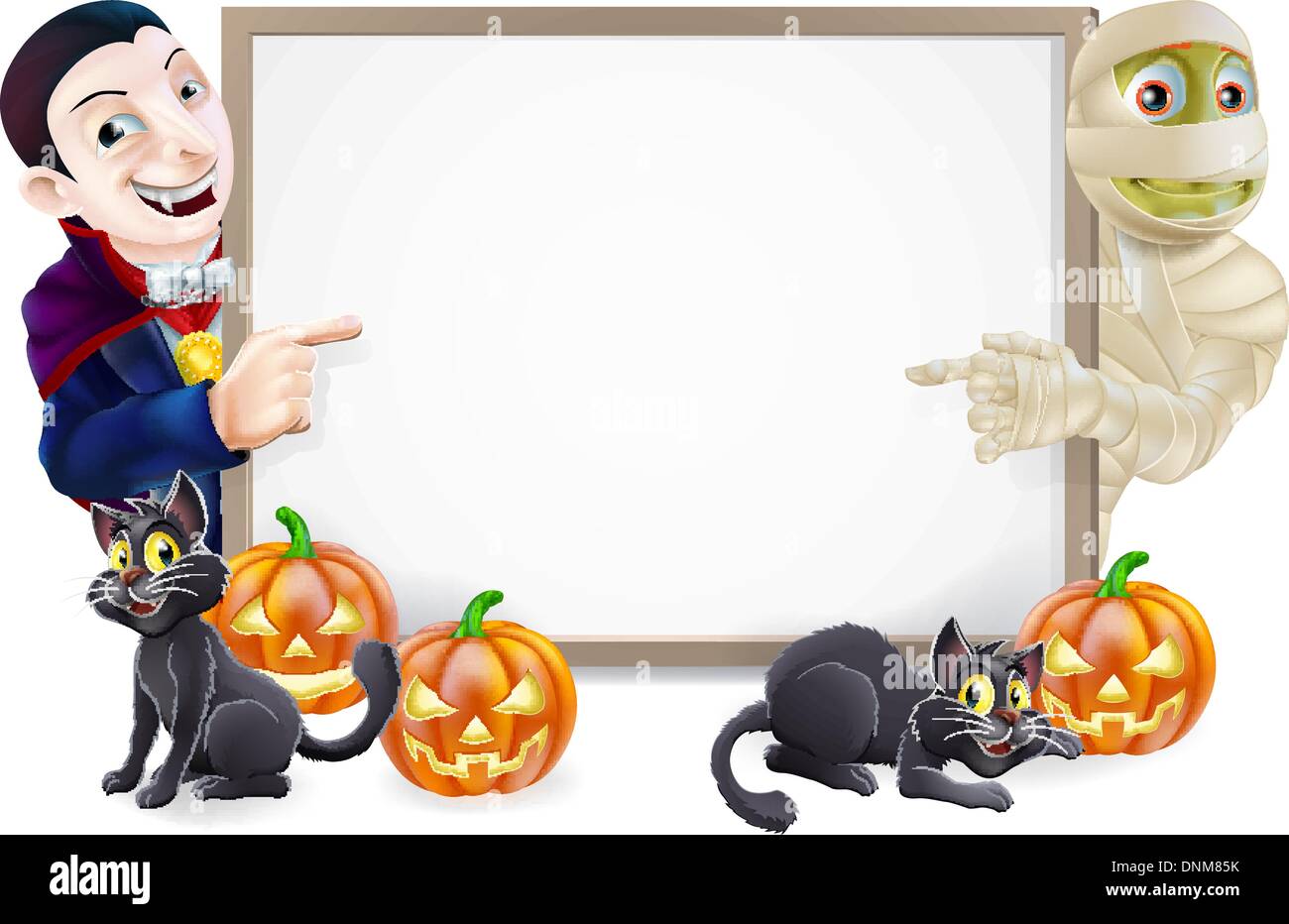 Halloween sign or banner with orange Halloween pumpkins and black witches cats, witch's broomstick and cartoon Dracula vampire a Stock Vector