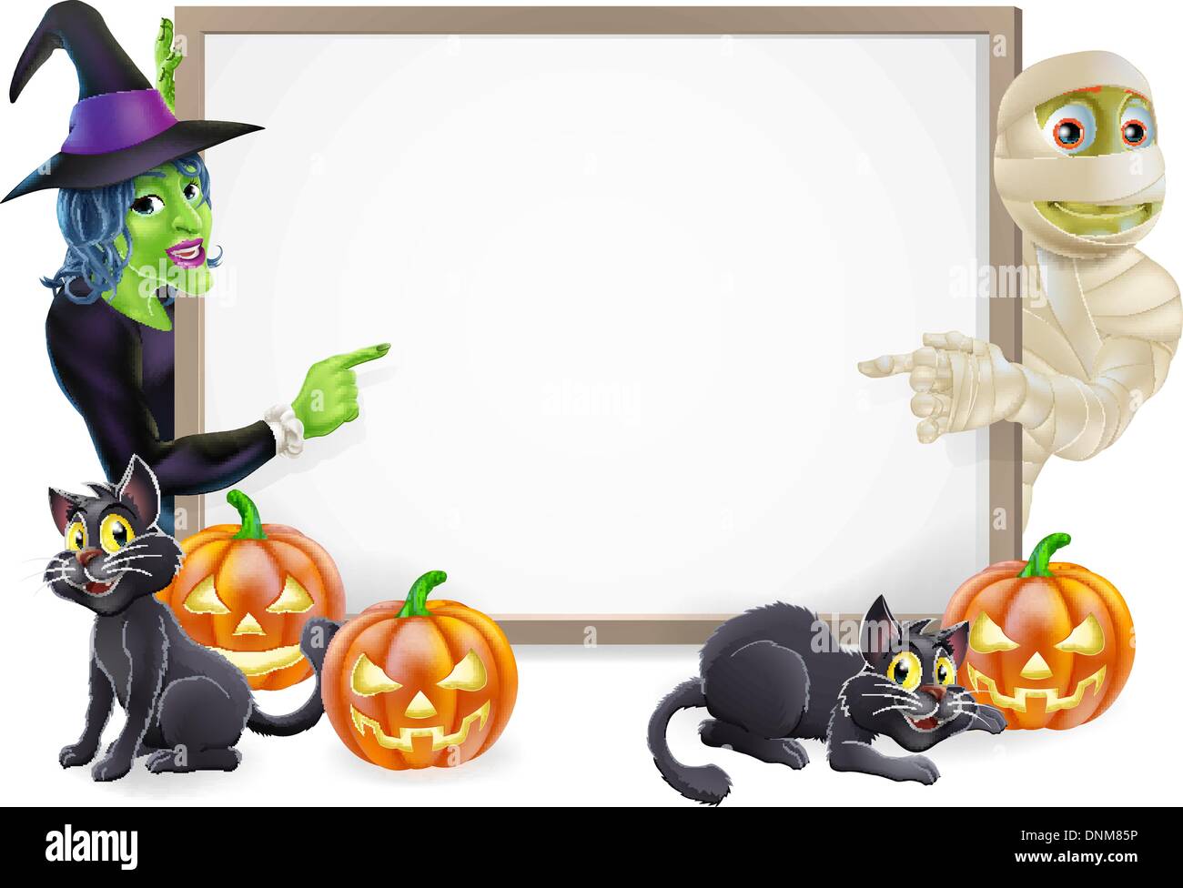 Halloween sign or banner with orange Halloween pumpkins and black witch's cats, witch's broom stick and cartoon witch and mummy  Stock Vector