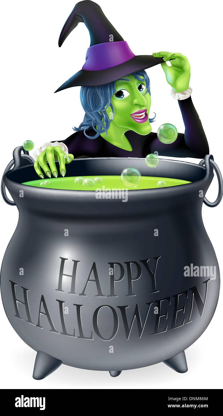 A cartoon witch looking over her bubbling cauldron with a Happy Halloween written on it and tipping her hat Stock Vector