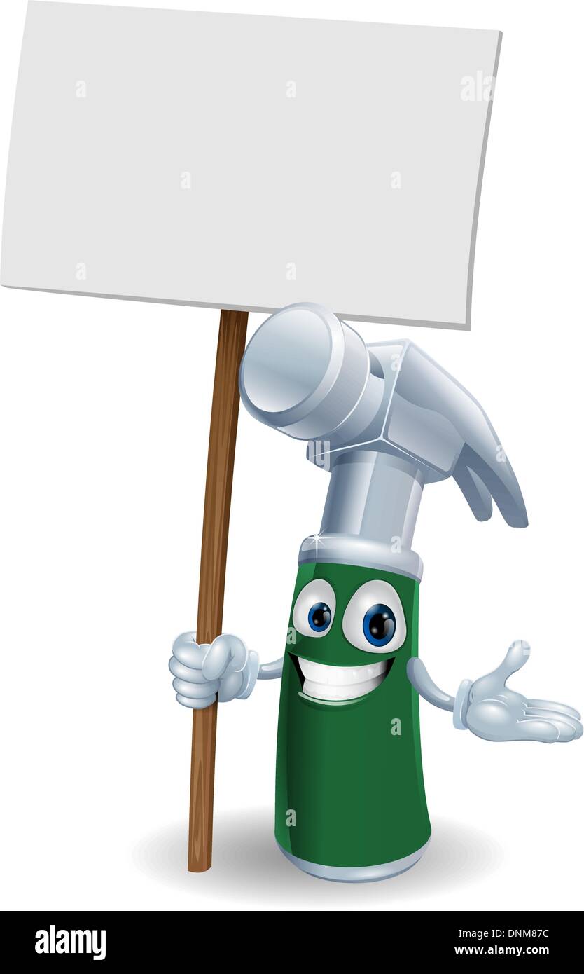 Claw hammer tool cartoon character mascot illustration holding a sign