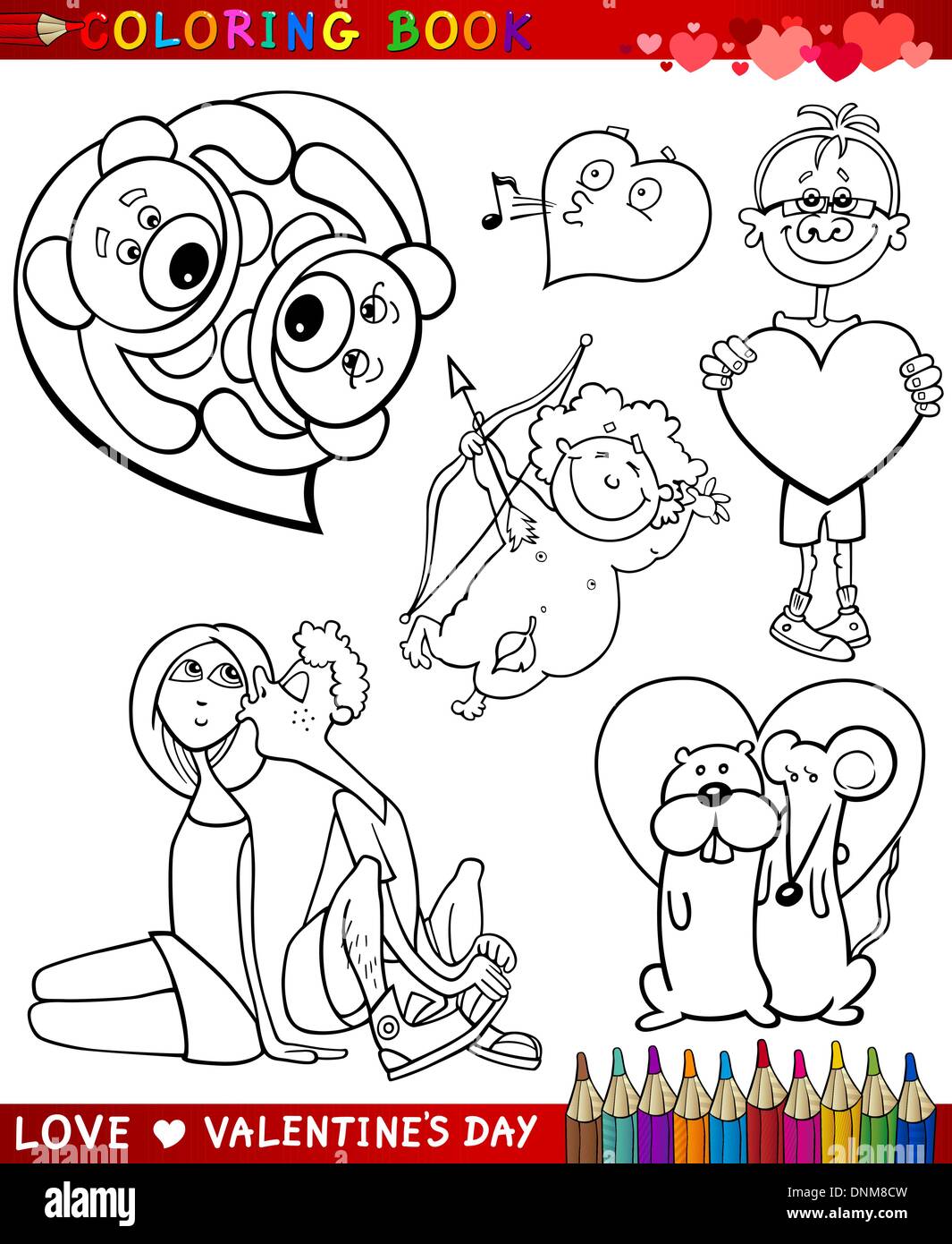 Valentines Day and Love Themes Collection Set of Black and White Cartoon Illustrations for Coloring Book Stock Vector