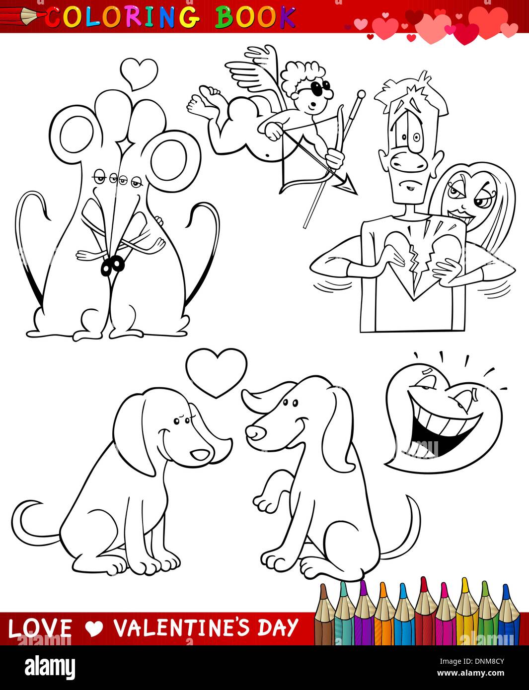 Valentines Day and Love Themes Collection Set of Black and White Cartoon Illustrations for Coloring Book Stock Vector
